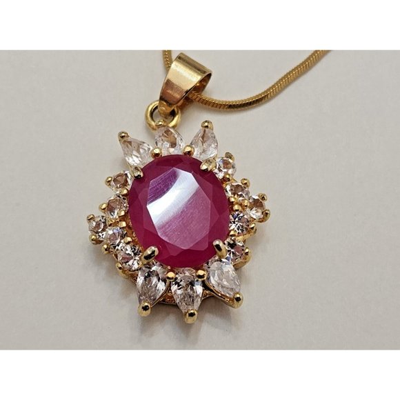 18k Gold Plated Ruby & Clear Cubic Zirconia CZ Pendant Necklace - Picture 8 of 13